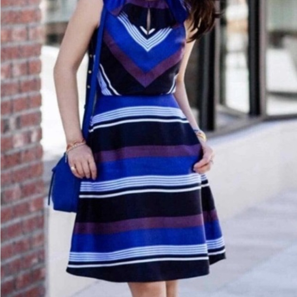 Banana Republic Silk Dress Ruffle Collar Blue Black and White Striped 0P